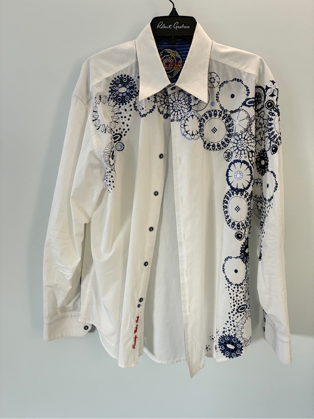 Robert Graham White Button-Front Shirt with Heavy Embroidered Navy Circles